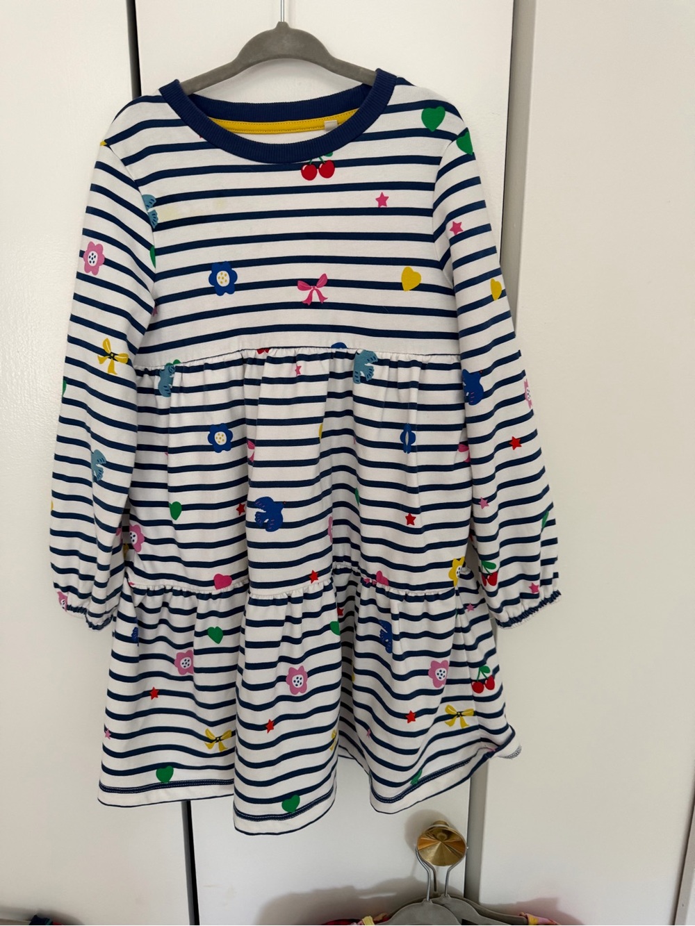 Mini Boden Navy & White Striped Dress with Multicolor Motifs